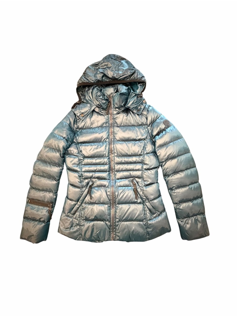 Andrew Marc Women's Packable Down Quilted Puffer Jacket Metallic Blue Green XS